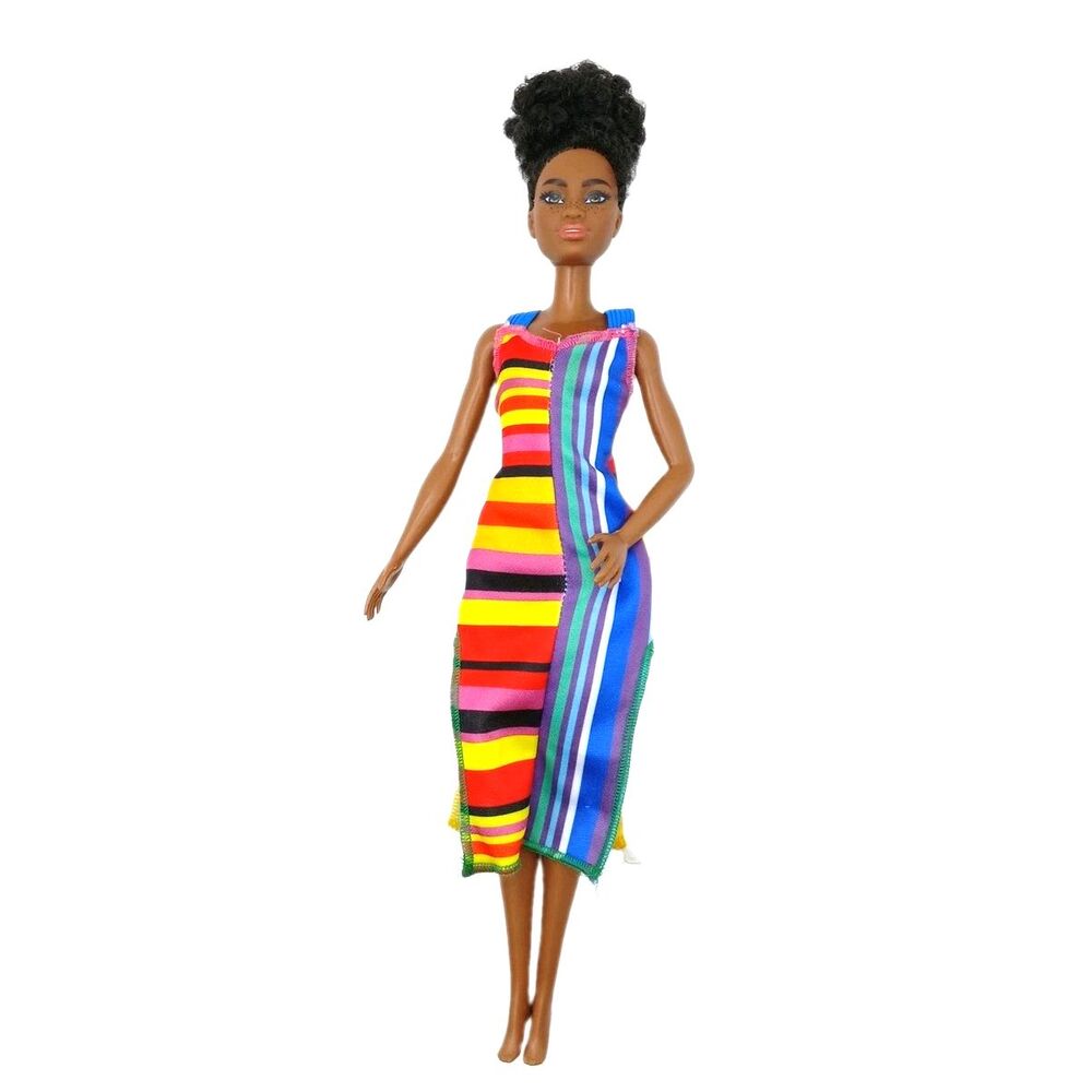 Fashionista Barbie Doll African American Freckles Upswept Hair Striped Dress